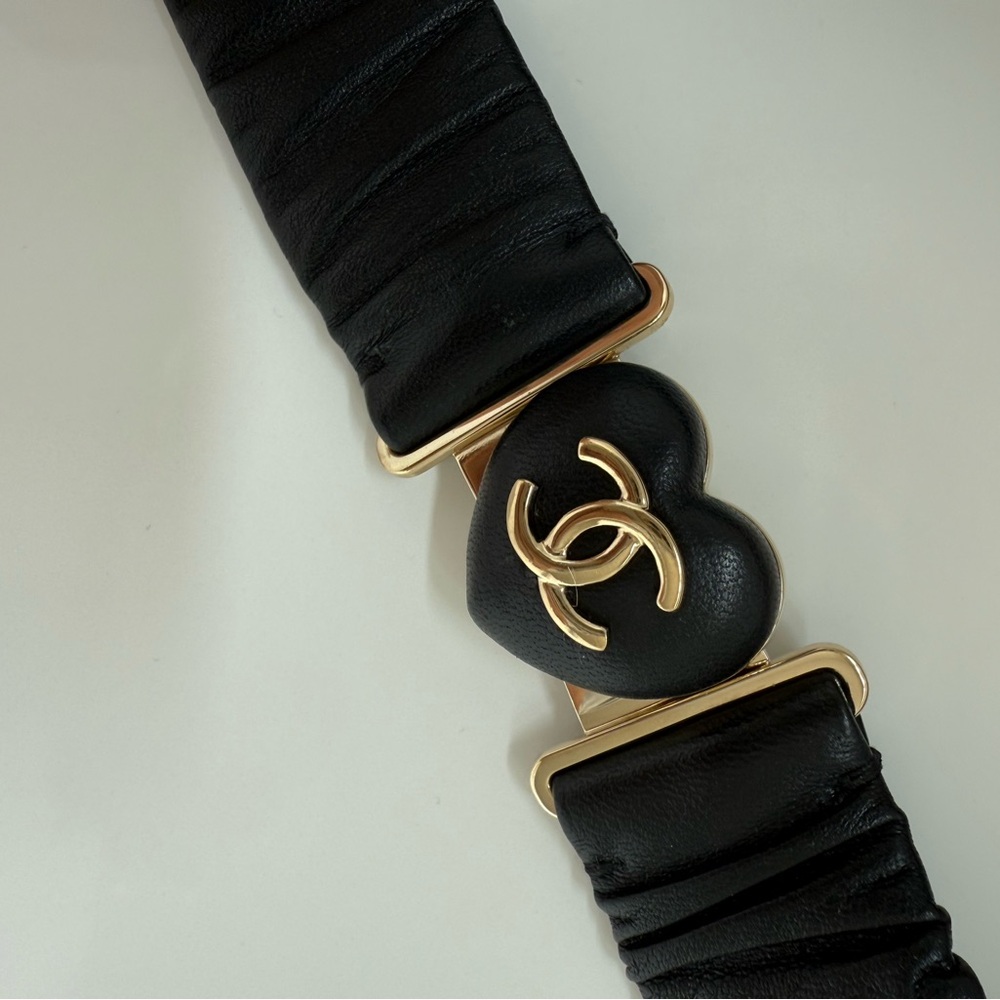 CHANEL CC logo heart Black and Gold Elastic Belt size S 85cm - Picture 3 of 4